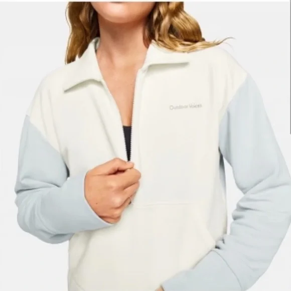 OUTDOOR VOICES Boxy Cropped Quarter Zip Sweatshirt Ivory Blue Medium 6423 - Picture 3 of 10